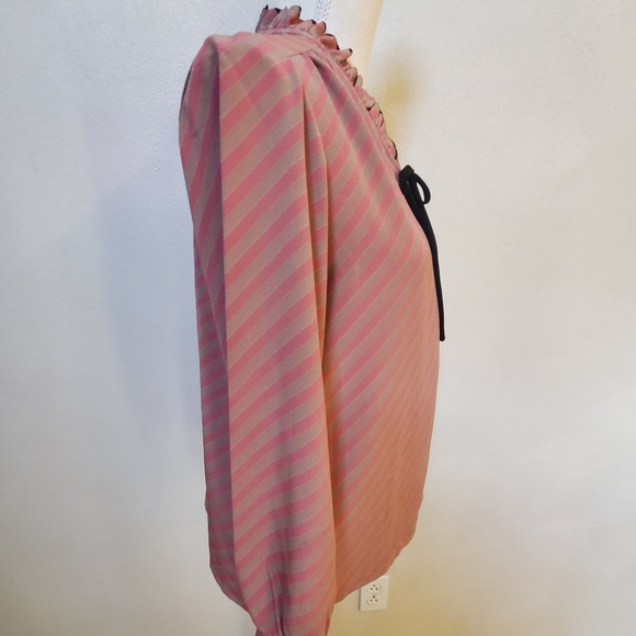 Vintage pink and tan button-up striped blouse shirt with black trim on collar -M - Picture 6 of 12